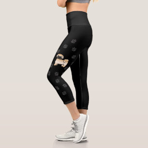 Gold With Black Mask Shih Tzu Cartoon Dog & Paws Capri Leggings