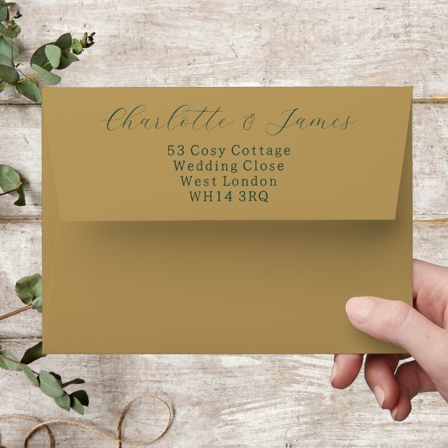 Gold With Green Elegant Script Wedding Invitation Envelope (Creator Uploaded)