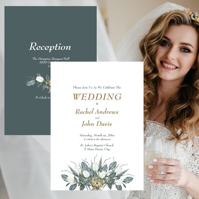 Gold with Green Wedding Invitation White Tulips  (Gold With Green Wedding Invitation White Tulips)