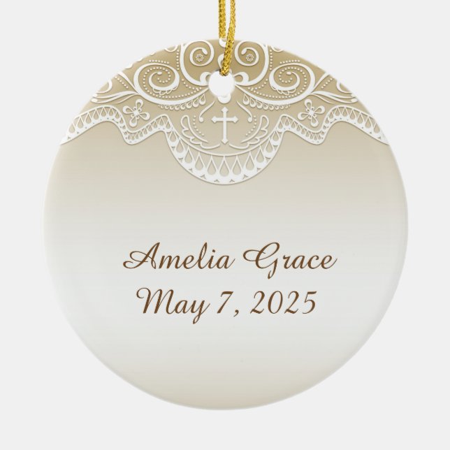 Gold with Lace, Cross, Religious Ceramic Ornament (Front)