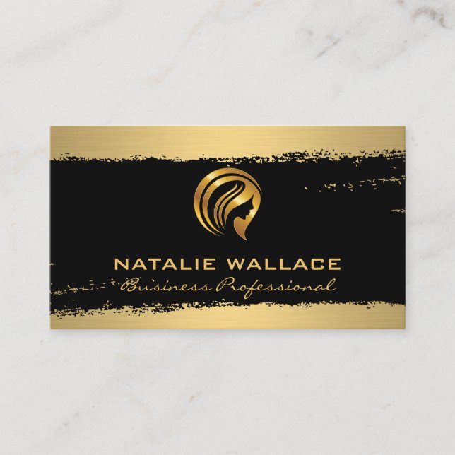 Gold Woman Beauty Logo | Black Gold Brushed Business Card (Front)