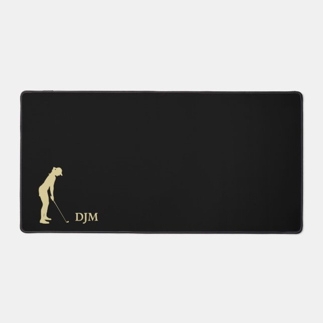 Gold Woman Golfer Silhouette Monogram on Black Desk Mat (Front)