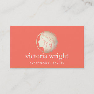 Gold Woman's Face Logo Coral Beauty and Fashion Business Card