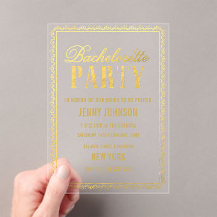 Gold Womens Bachelorette Evening Party Invite Acrylic Invitations
