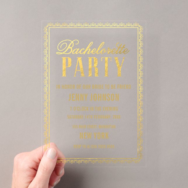 Gold Womens Bachelorette Evening Party Invite Acrylic Invitations (Insitu (Handheld))