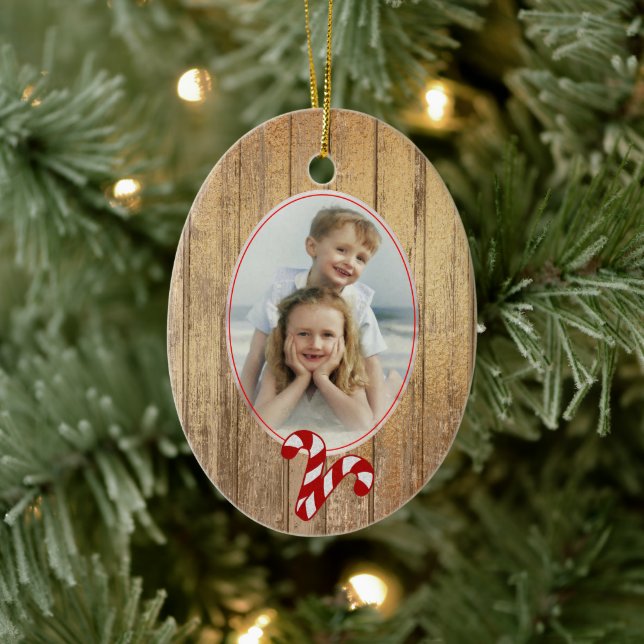 Gold Wood Candy Cane Love Photo Template Holiday Ceramic Ornament (Tree)