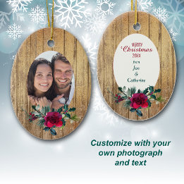 Gold Wood Red Rose Frame Photo Template Holiday Ceramic Ornament