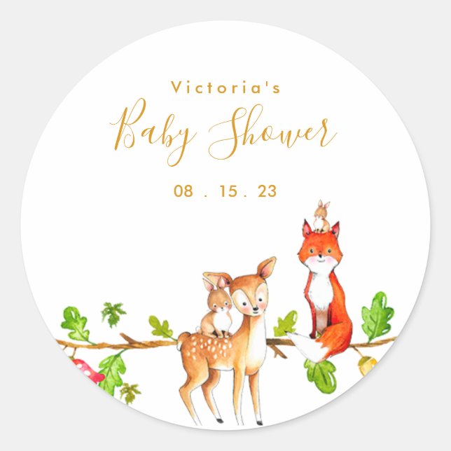 Gold Woodland Baby Shower Classic Round Sticker (Front)