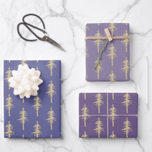 Gold Woodland Pine Tree Forest Mulberry Purple Wrapping Paper Sheet (Front)
