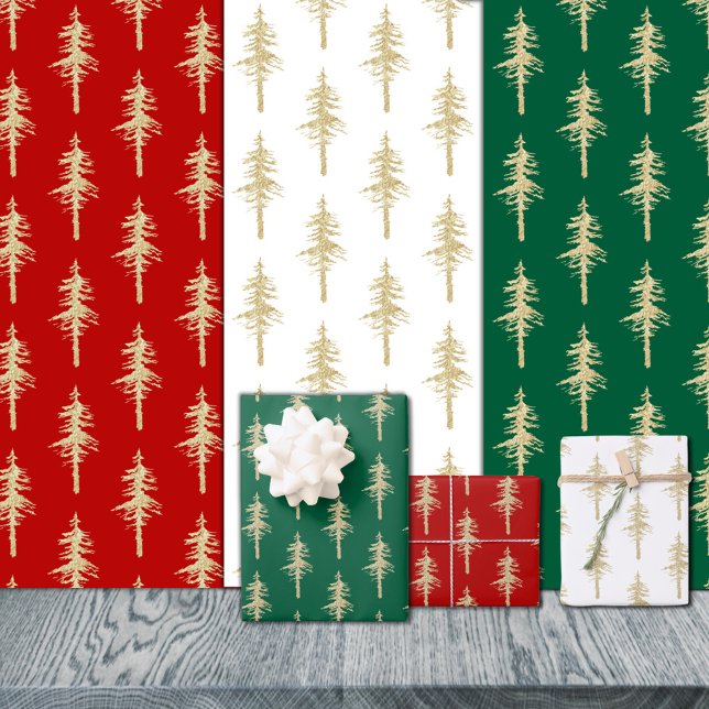 Gold Woodland Pine Tree Forest Red Green & White Wrapping Paper Sheet (Gold Woodland Pine Tree Forest Red Green & White Christmas Holiday Wrapping Paper Sheets Trio)