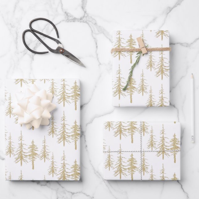Gold Woodland Scraggly Sparse Spruce Tree Forest Wrapping Paper Sheet (Front)