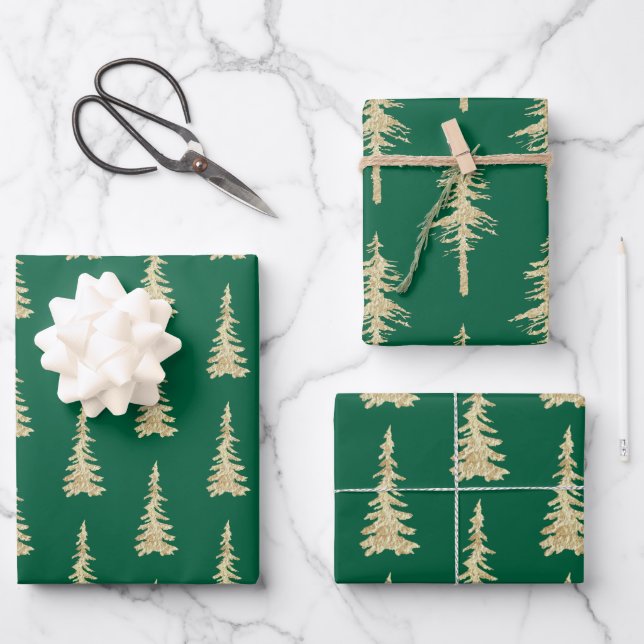 Gold Woodland Spruce Trees On Holiday Green Wrapping Paper Sheet (Front)