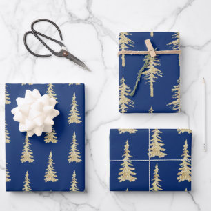 Gold Woodland Spruce Trees On Navy Blue Wrapping Paper Sheet