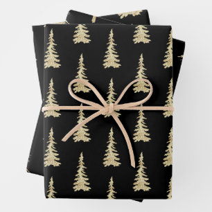 Gold Woodland Spruce Trees On Solid Black Wrapping Paper Sheet