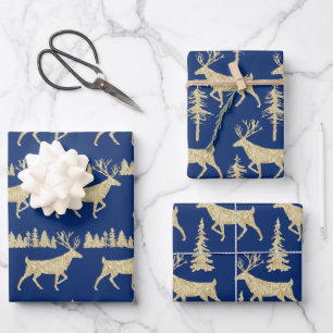 Gold Woodland Stag Spruce Tree Forest Navy Blue Wr Wrapping Paper Sheet