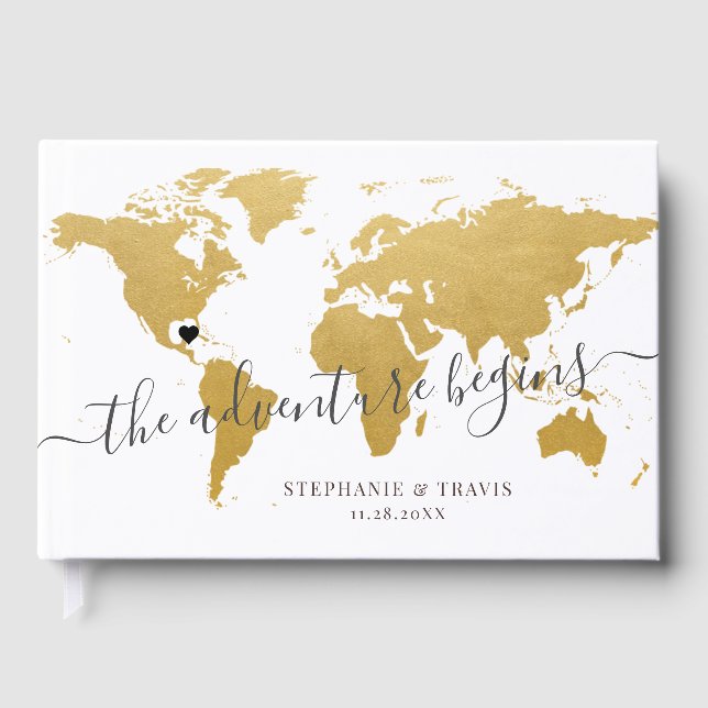 Gold World Map Adventure Destination Wedding Guest Book (Front)