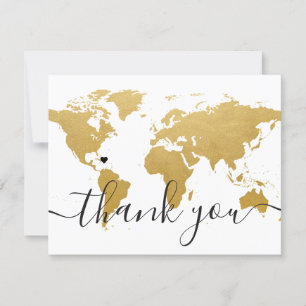 Gold World Map and Wedding Photo Thank You Card