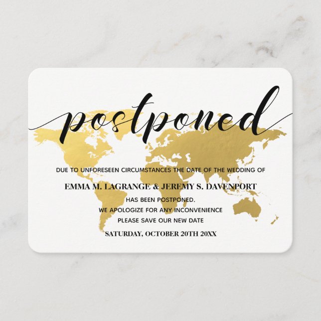 Gold world map change of date Wedding Enclosure Card (Front)