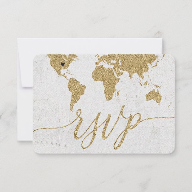 Gold World Map Custom Destination Wedding RSVP (Front)