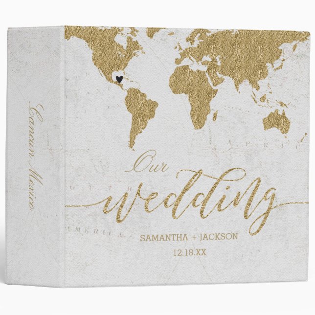 Gold World Map Destination Wedding Photo Album Binder (Front/Spine)