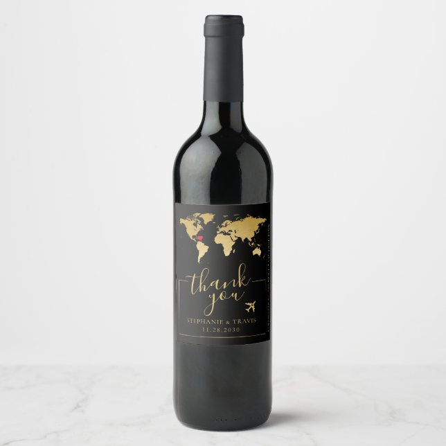 Gold World Map Destination Wedding Thank You Wine  Wine Label (Front)
