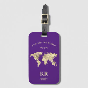Gold World Map Monogram Traveller Royal Purple Luggage Tag
