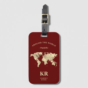 Gold World Map Monogram Traveller Terracotta Luggage Tag