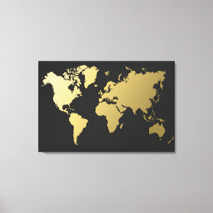 Gold World Map on Black Chevron Canvas Print