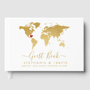 Gold World Map Personalized Heart Destination  Guest Book