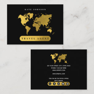 Gold World Map Travel Agent Social Media Icons Business Card