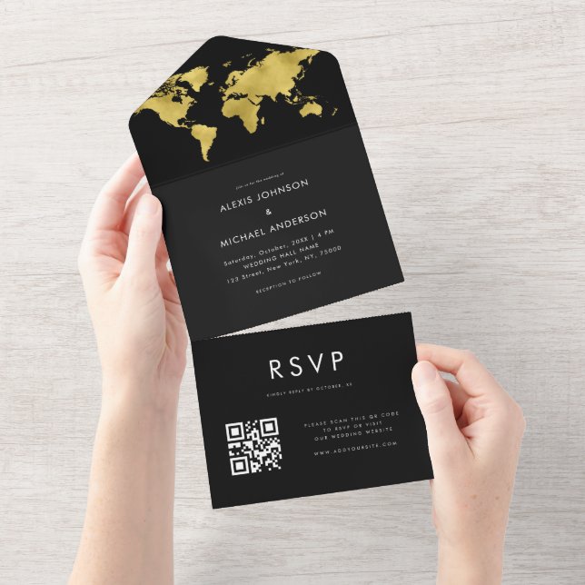 Gold World Map Travel Destination Modern Qr Code All In One Invitation (Tearaway)