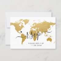 Gold World Map Travel Destination RSVP Card