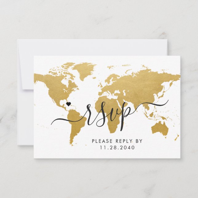 Gold World Map Travel Destination RSVP Card (Front)