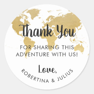 Gold World Map Travel Theme Thank You Favour Classic Round Sticker
