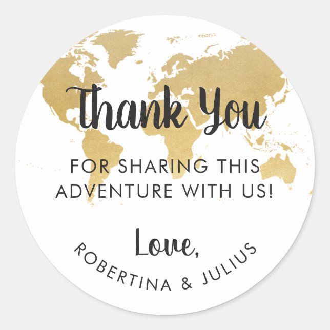 Gold World Map Travel Theme Thank You Favour Classic Round Sticker (Front)