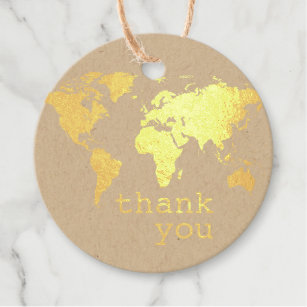 Gold World Map Travel Theme Thank You Favour Tags