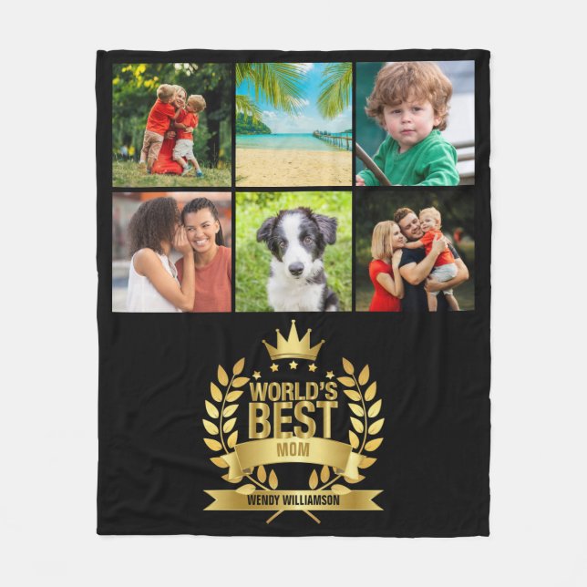 Gold World's Best Mom Mother Photo Black Fleece Blanket (Front)