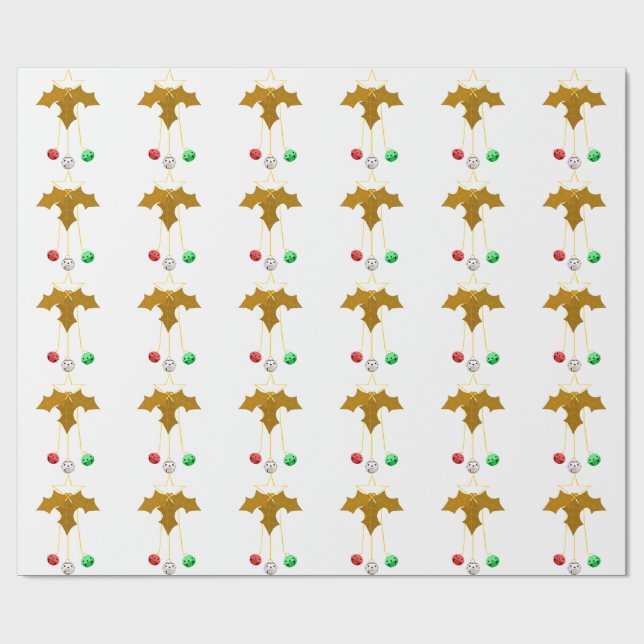 Gold Wreath and Jingle Bells White Wrapping Paper (Flat)