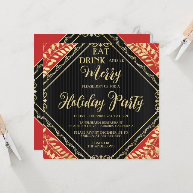 Gold Wreath and Red Holiday Party Invitation (Front/Back In Situ)