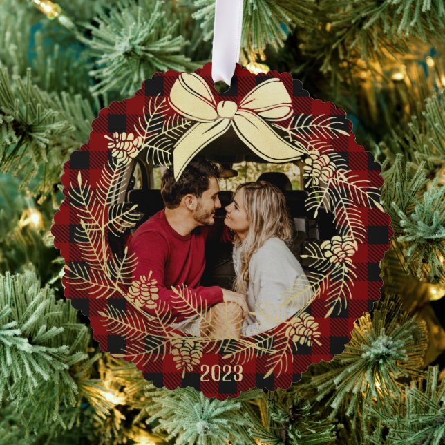 Gold Wreath Buffalo Plaid with Photo Ornament Card (Insitu (Tree))