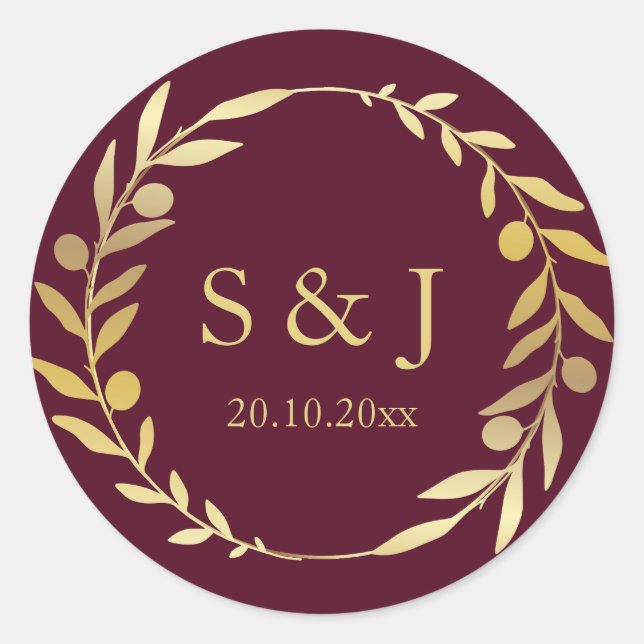 Gold Wreath Dark Burgundy Monogram Initial Wedding Classic Round Sticker (Front)