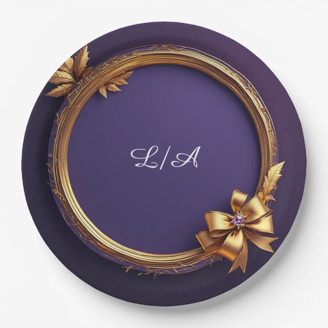 Gold Wreath Frame With Leaves Paper Plate (Front)