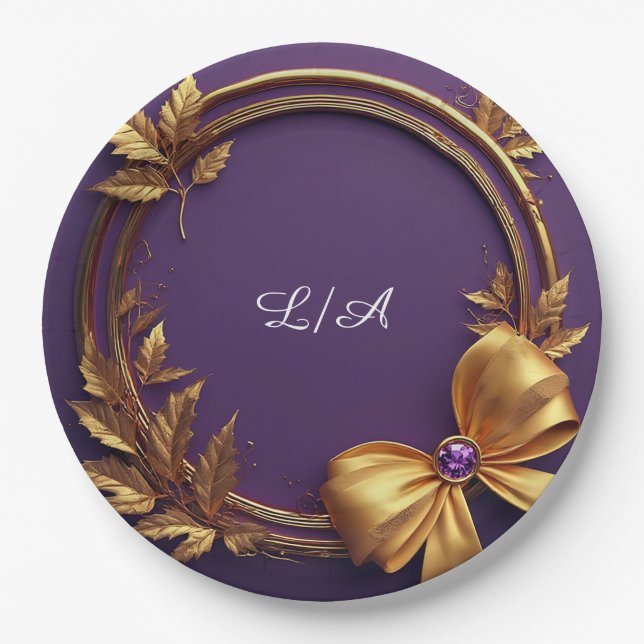 Gold Wreath Frame With Leaves Paper Plate (Front)