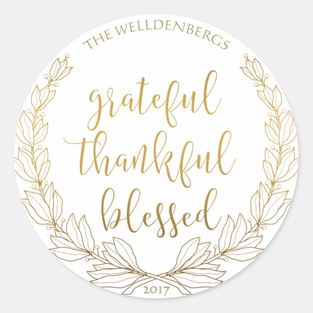 Gold Wreath Grateful Thankful Blessed Monogram Classic Round Sticker (Front)