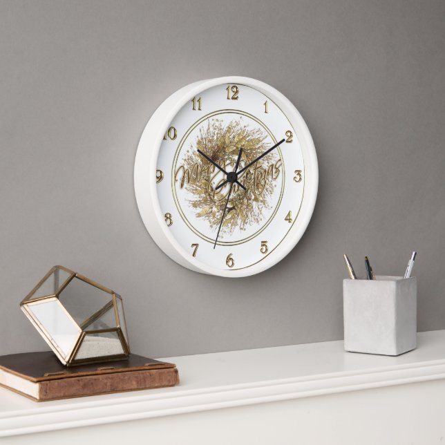 Gold Wreath Merry Christmas Clock (Office)