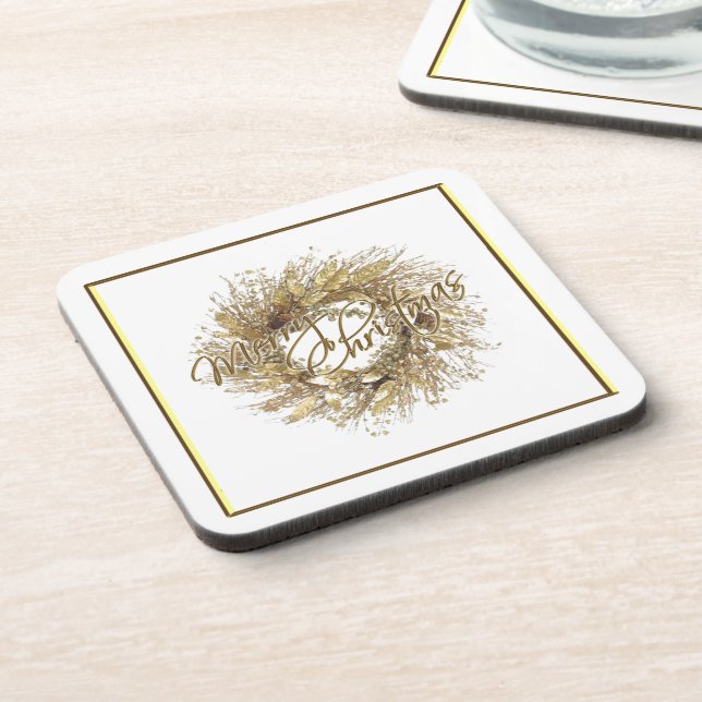 Gold Wreath Merry Christmas Coaster (Left Side)