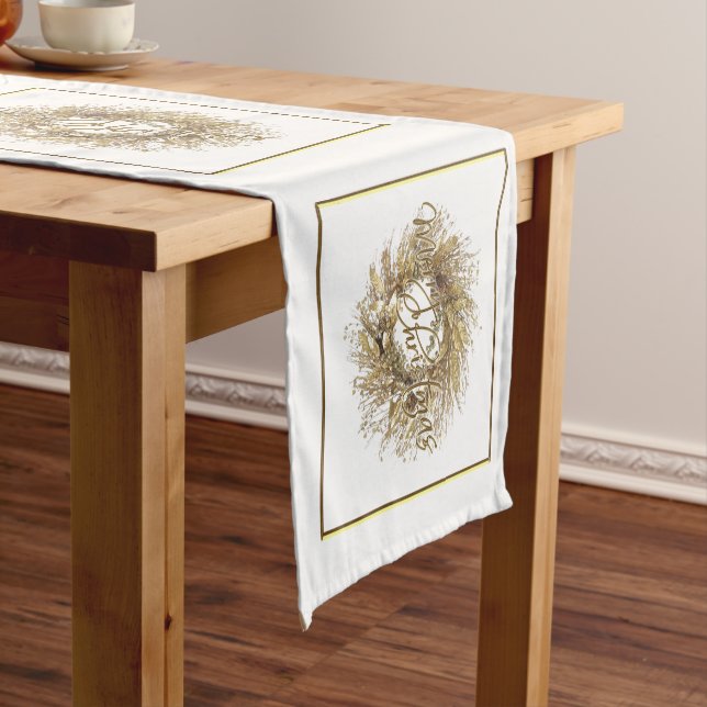 Gold Wreath Merry Christmas Short Table Runner (In Situ)