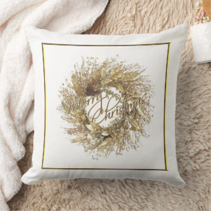 Gold Wreath Merry Christmas Throw Pillow
