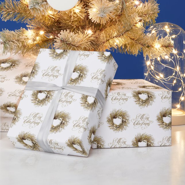 Gold Wreath Merry Christmas Wrapping Paper (Holidays)
