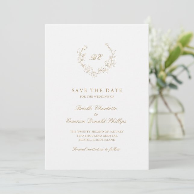 Gold Wreath Monogram Elegant Wedding Save The Date (Standing Front)